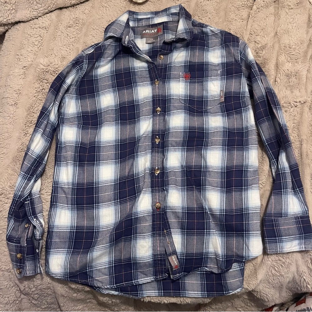 Ariat FR Blue and White Plaid Button Down Shirt